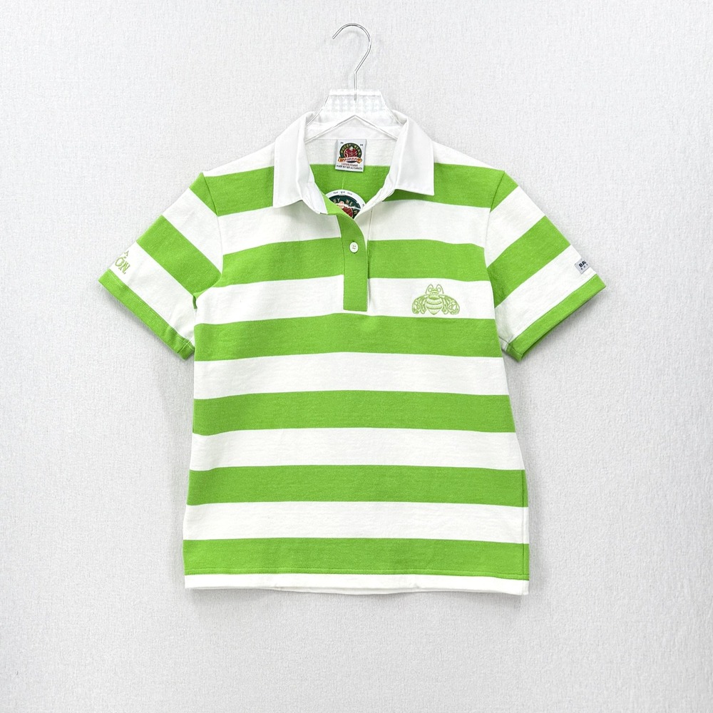 BARBARIAN RUGBY WEAR Womens Polo Shirt Medium Green White Stripe Patron Bee NEW